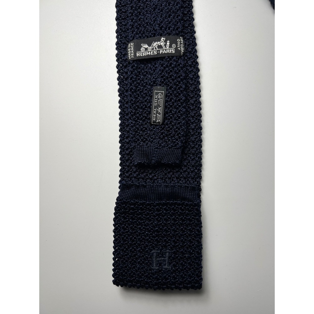 Authentic Hermes 100% Silk Navy Blue Knit Men's Tie H Logo Tricot France - Picture 7 of 8